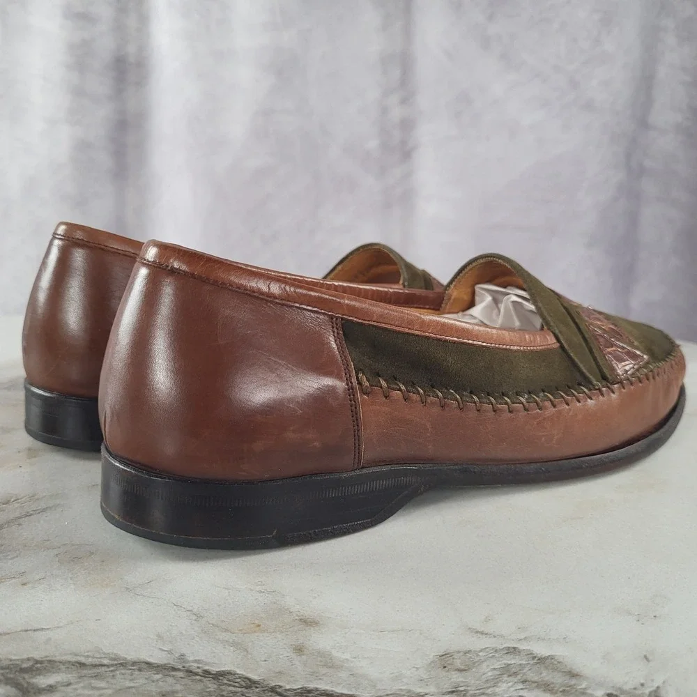 MEZLAN MORELLA Size 7 M Men's Suede Leather & Crocodile Loafers Olive